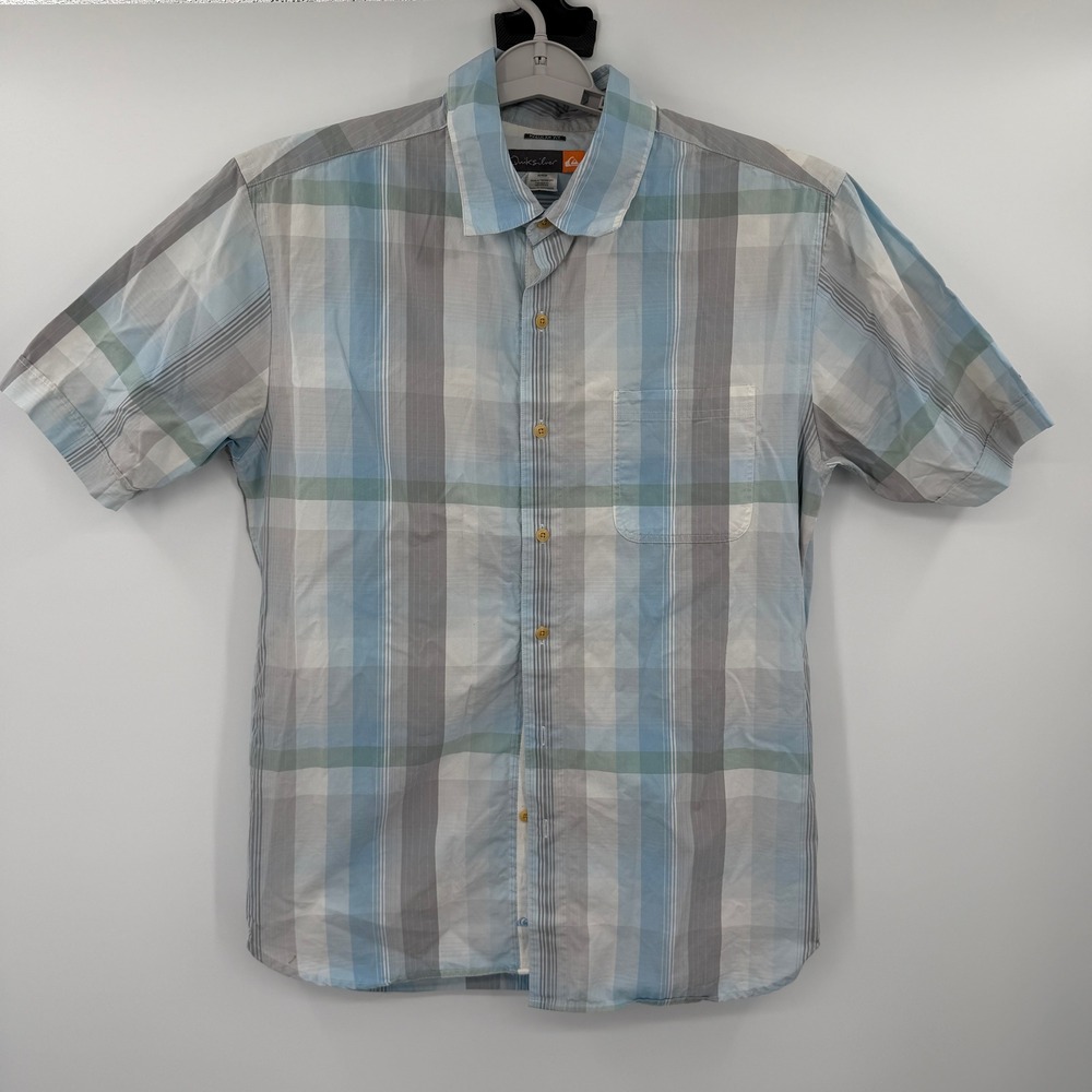 Quiksilver Mens Regular Fit Plaid Short Sleeve Button Down Shirt Blue Grey Med
